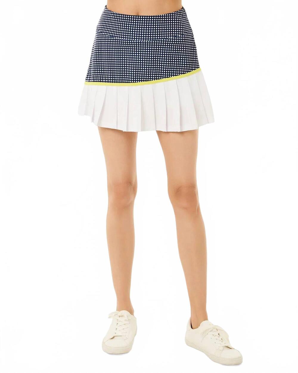 NEW ADDISON BAY mixed smooth sport 15in rally skort in navy gingham chartreuse